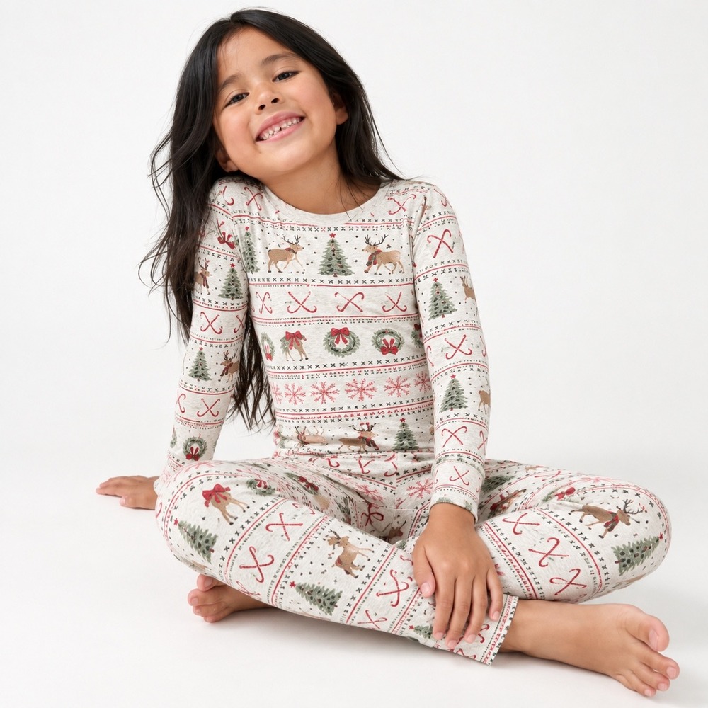 Gap Organic Cotton Christmas Pajamas Kids Size 6 Oatmeal PJs Reindeer Holiday